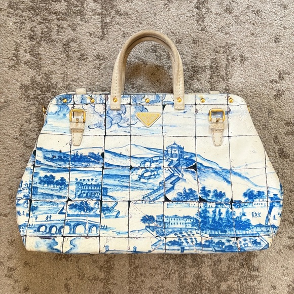 Prada Handbags - Prada Blue and White Canvas Tote Bag